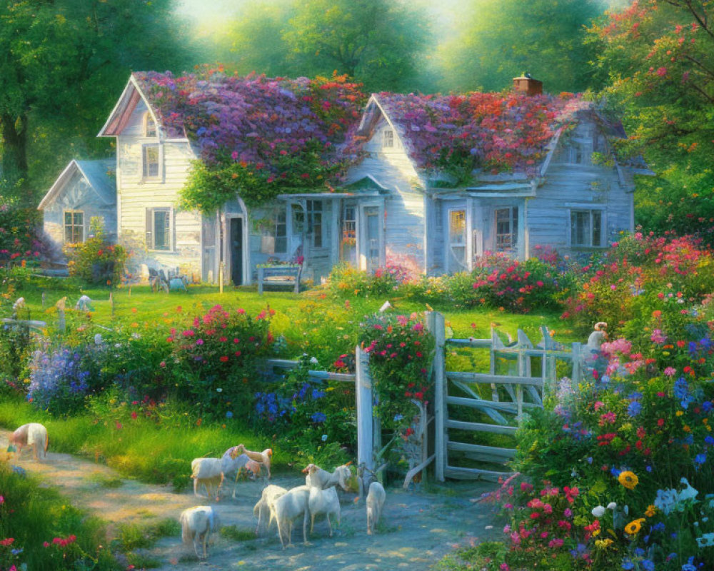 Rustic cottage with lush gardens, sheep grazing in sunlight