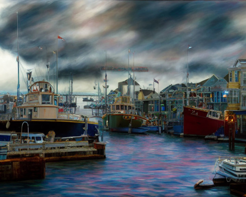 Harbor seascape with boats, wooden buildings, and dramatic sky.