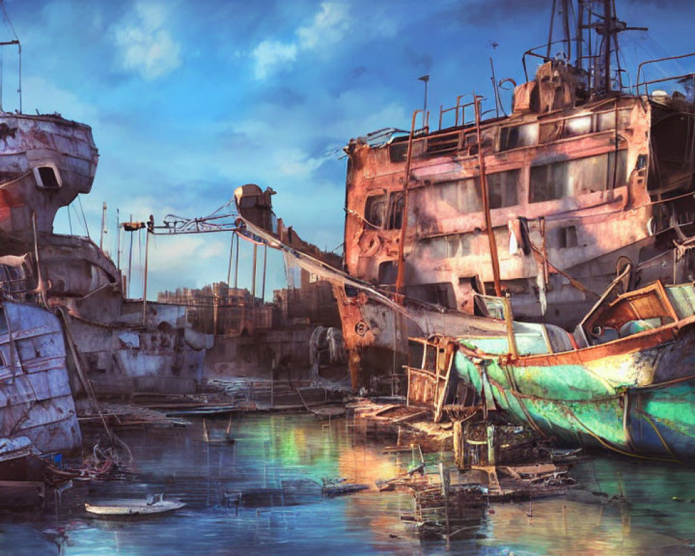 Abandoned ships in a post-apocalyptic harbor scene