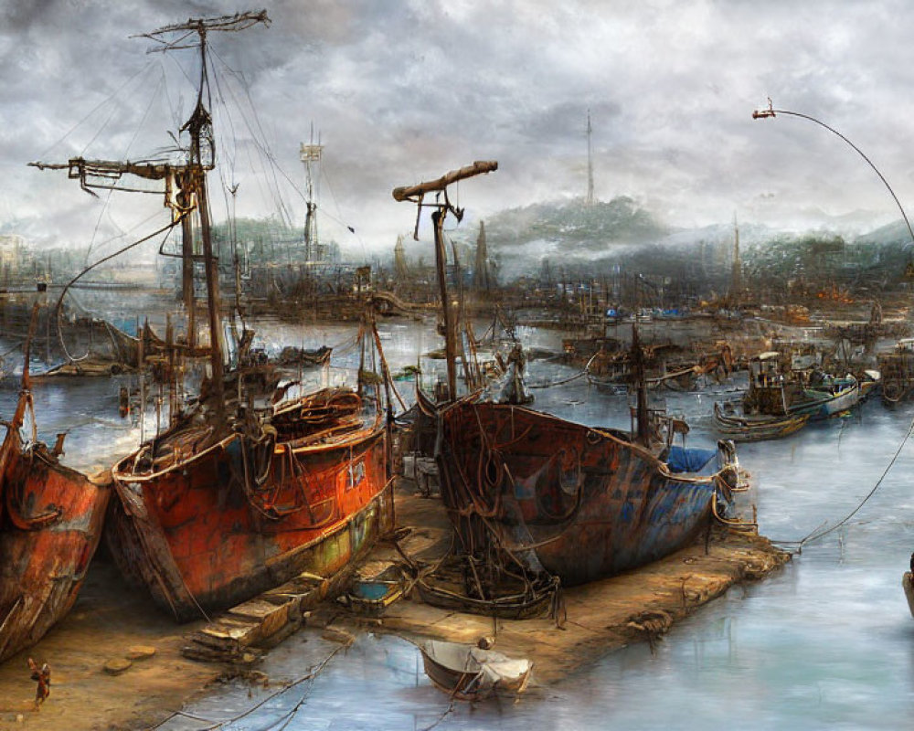 Rusty shipyard with old boats under hazy sky