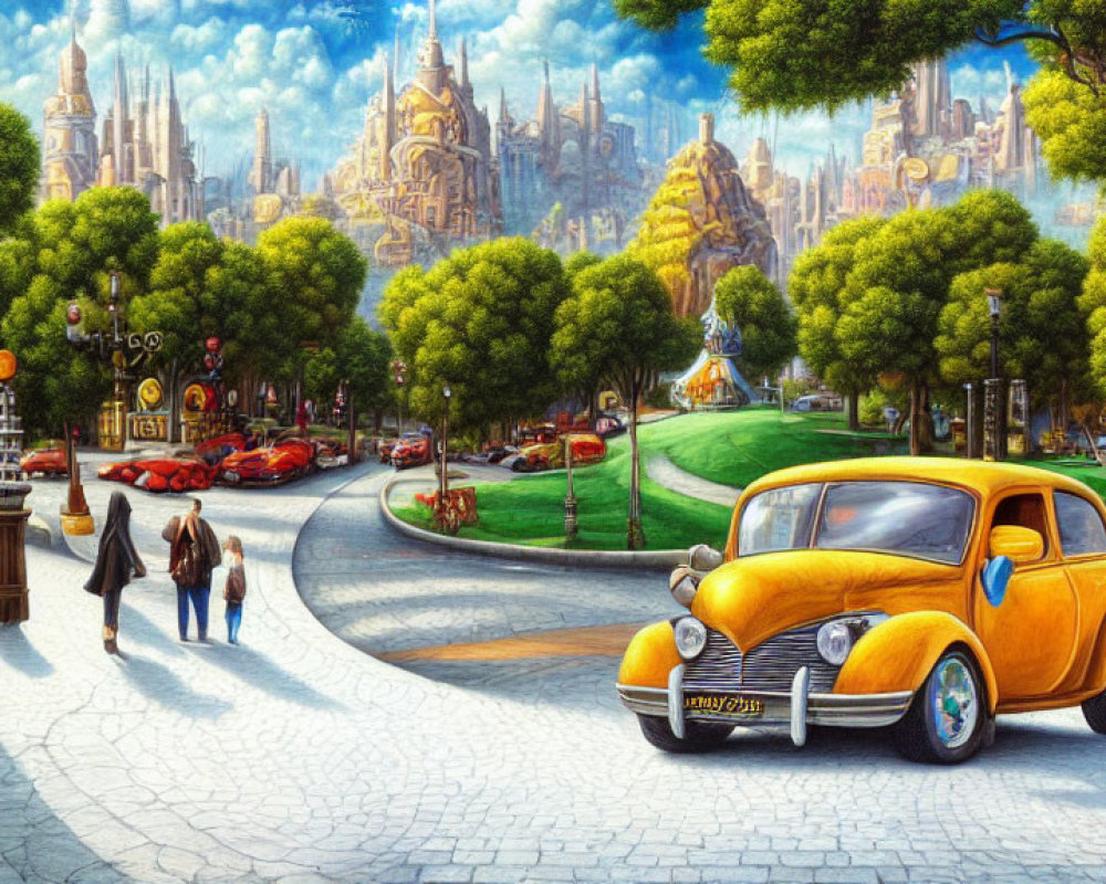 Colorful street scene with vintage car, pedestrians, and imaginative cityscape.