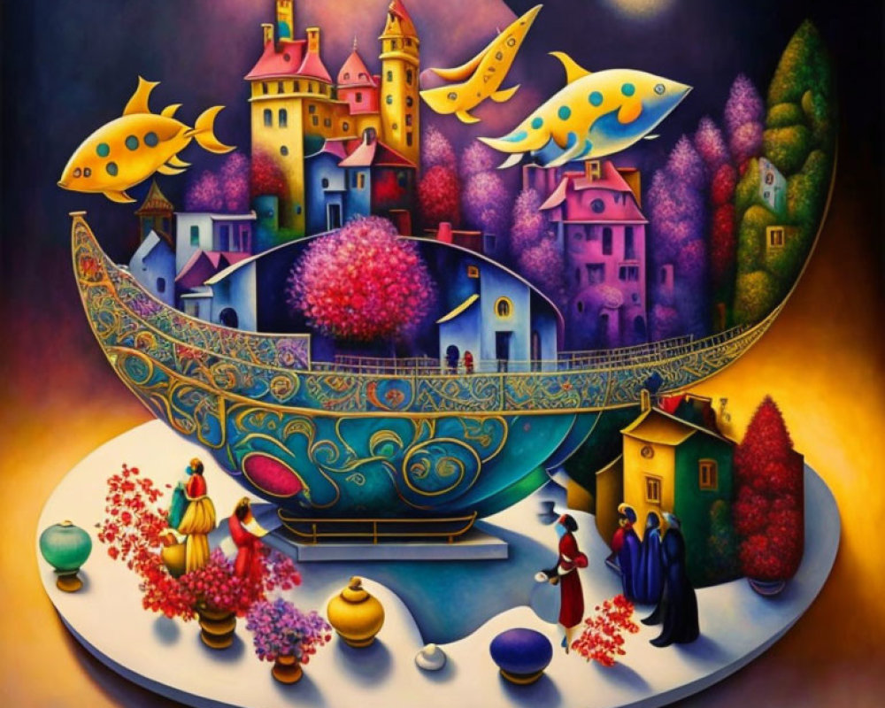 Whimsical painting of boat, castles, flying fish, and dreamlike landscape