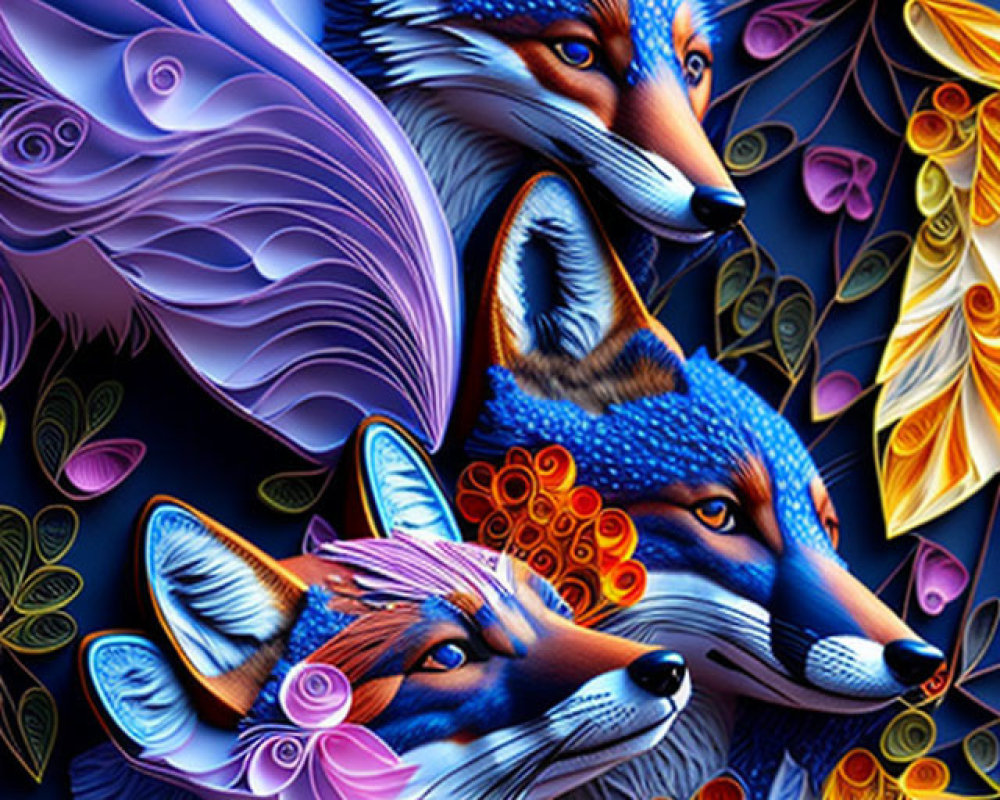 Colorful Stylized Fox Artwork with Floral Patterns and Dark Background