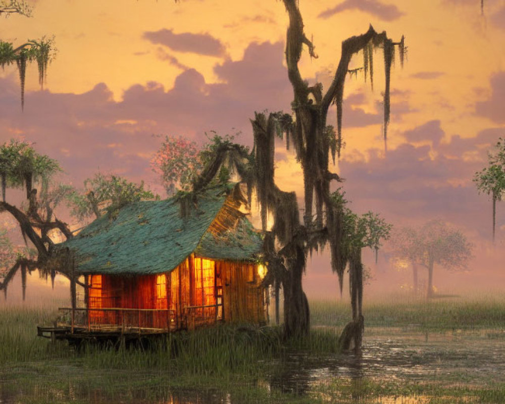 Cozy illuminated wooden cabin in swamp at twilight