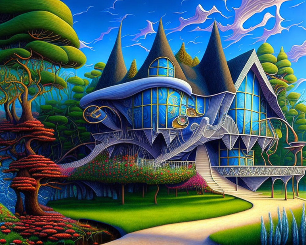 Colorful surreal house illustration with waving architecture and fantastical trees