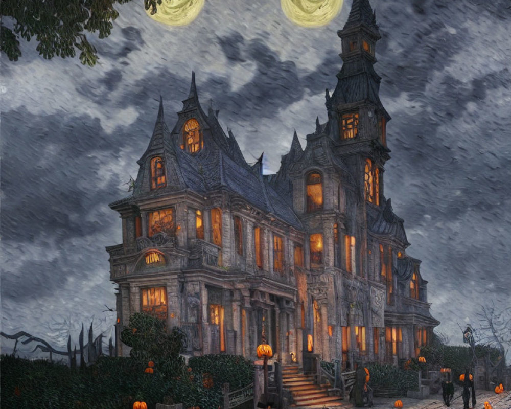 Victorian Mansion Halloween Night with Glowing Pumpkins and Double Moon