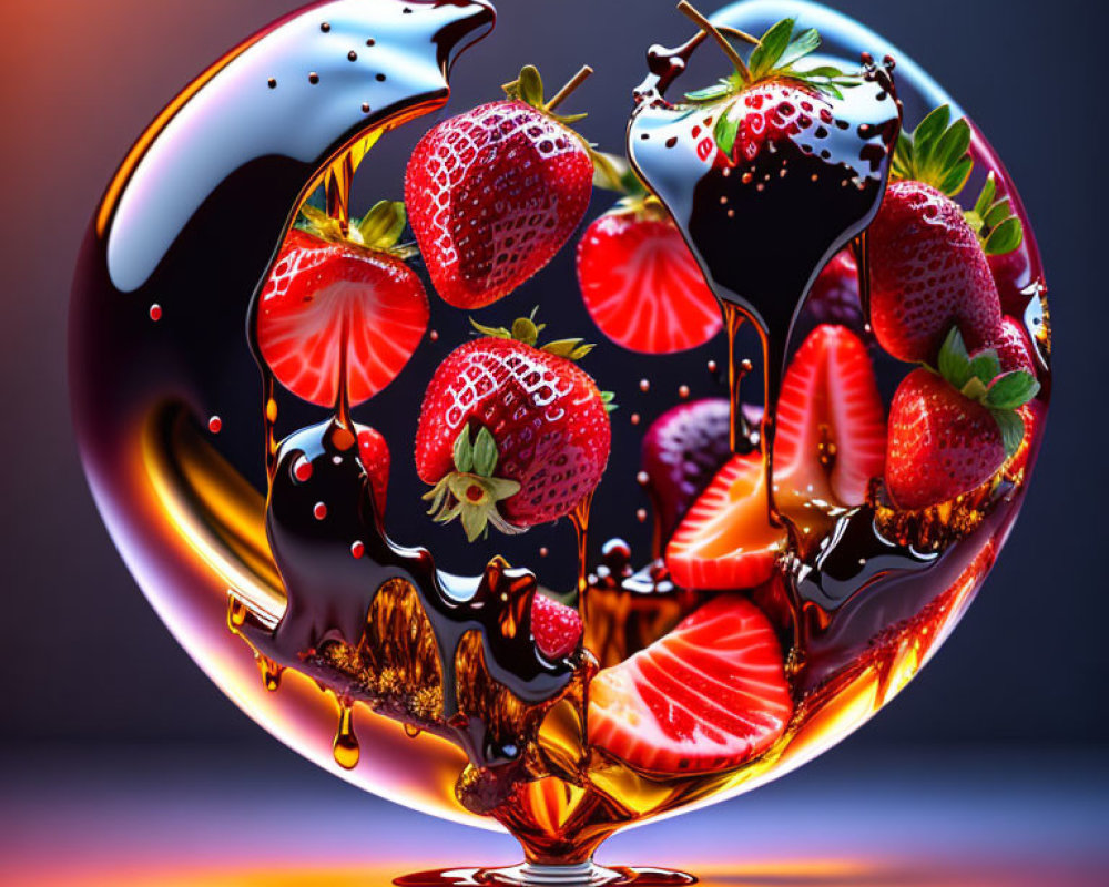 Surreal image of strawberries and chocolate in reflective sphere