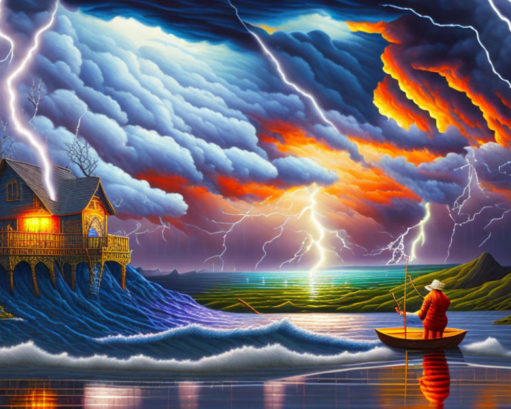 Fishing in small boat on stormy sea with vibrant house on stilts