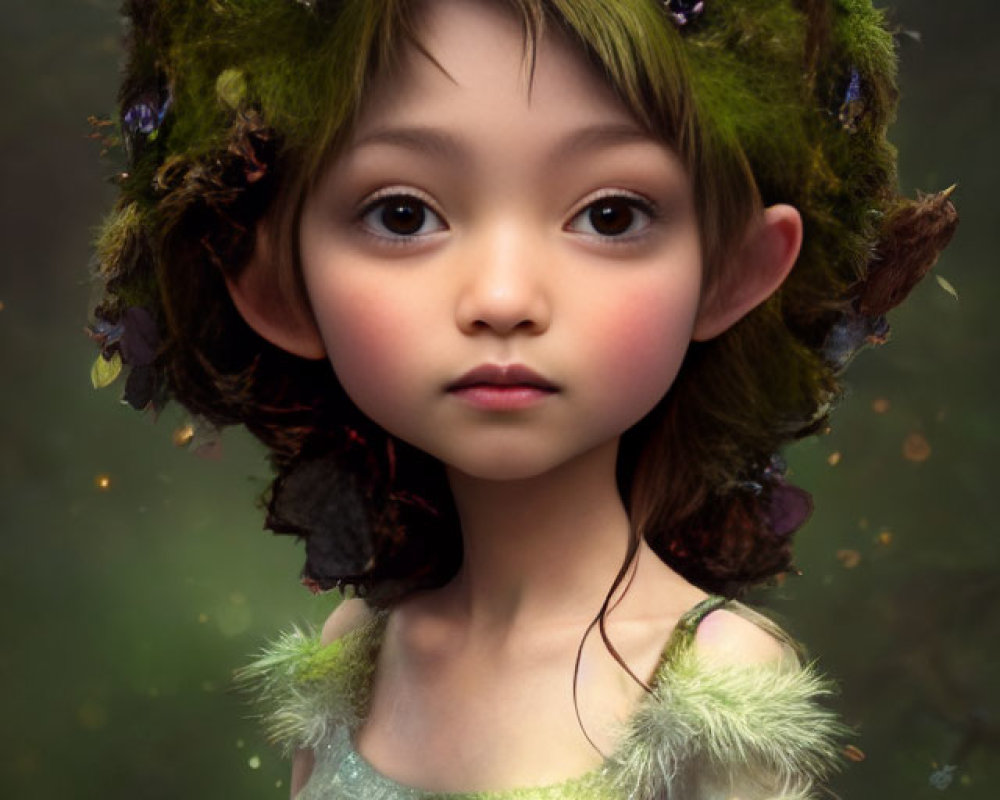 Childlike creature with pointed ears and fairy on moss-covered hat