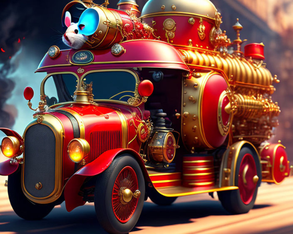 Steampunk-inspired vintage car with intricate brass details