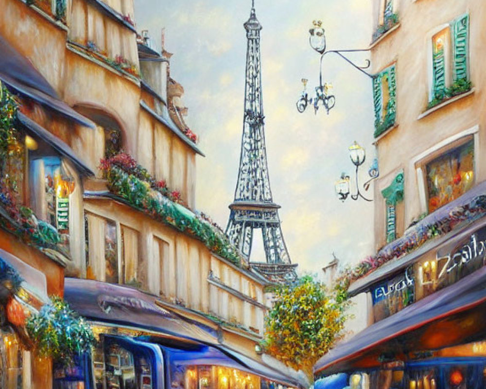 Colorful Parisian Street Scene with Outdoor Café and Eiffel Tower View