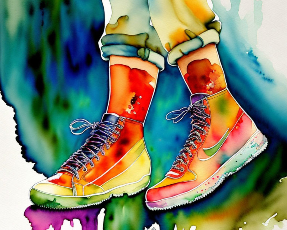 Vibrant Sneakers on Legs in Colorful Watercolor Art