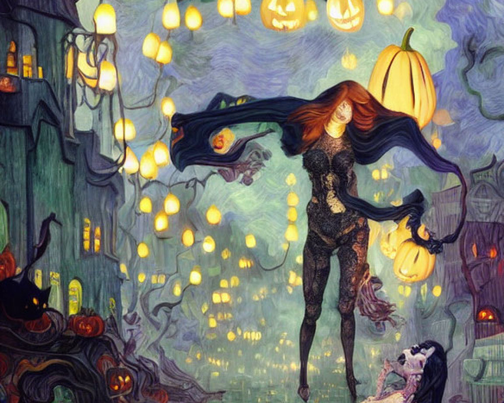 Whimsical Halloween illustration with floating pumpkins & fantastical figures