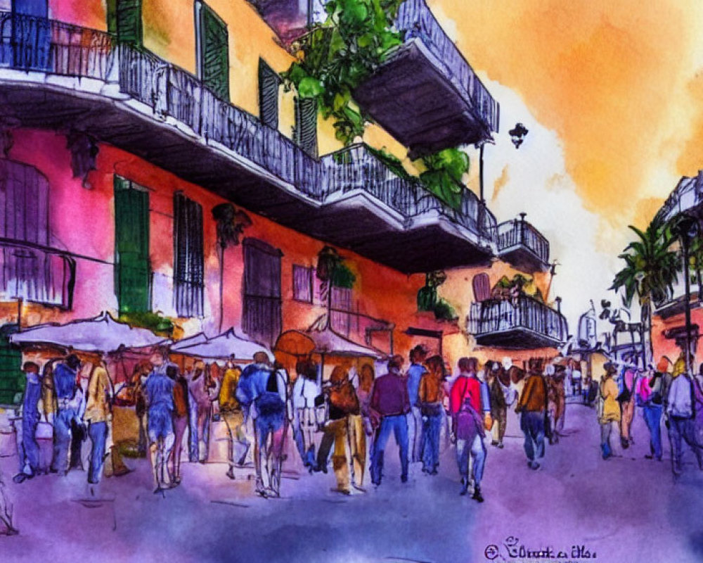 Vibrant watercolor painting of twilight street scene with people, buildings, and colorful sky