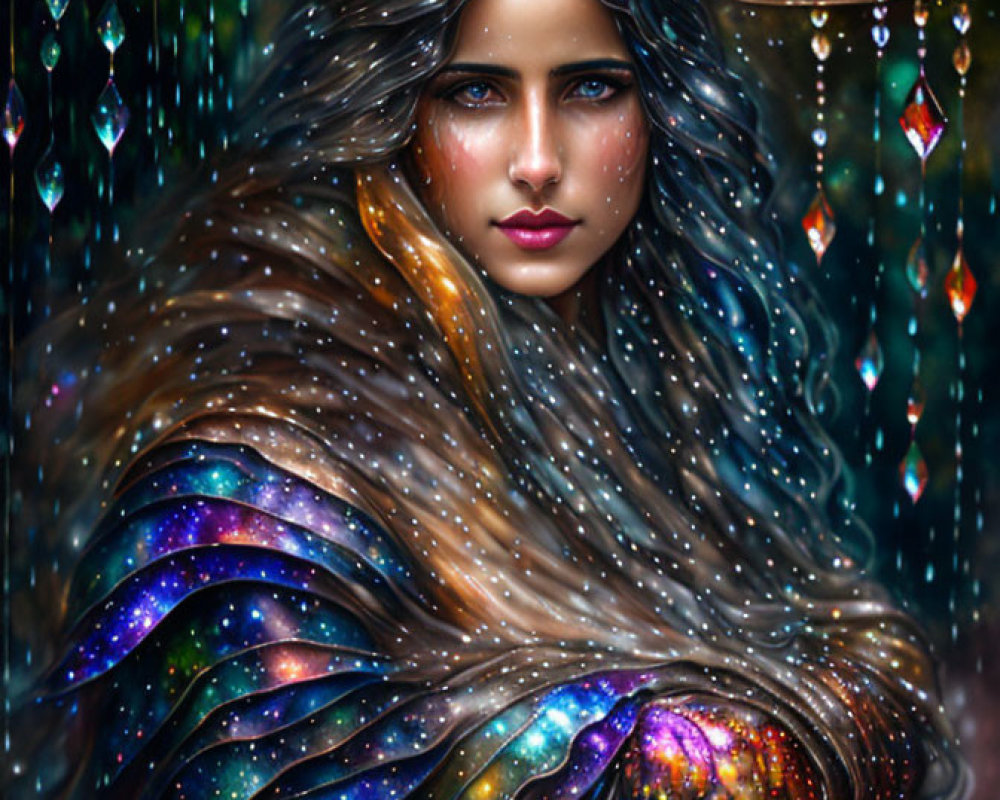 Mystical woman with galaxy hair in cosmic cloak among crystals and stars