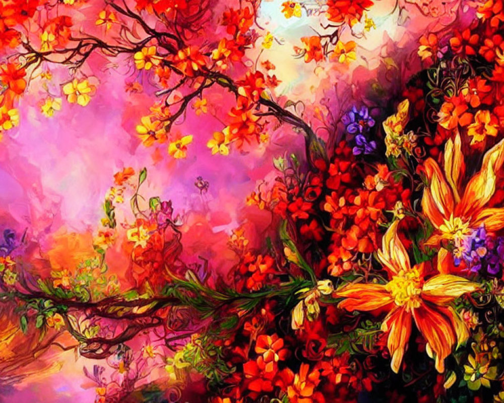 Colorful Floral Painting with Red and Orange Hues