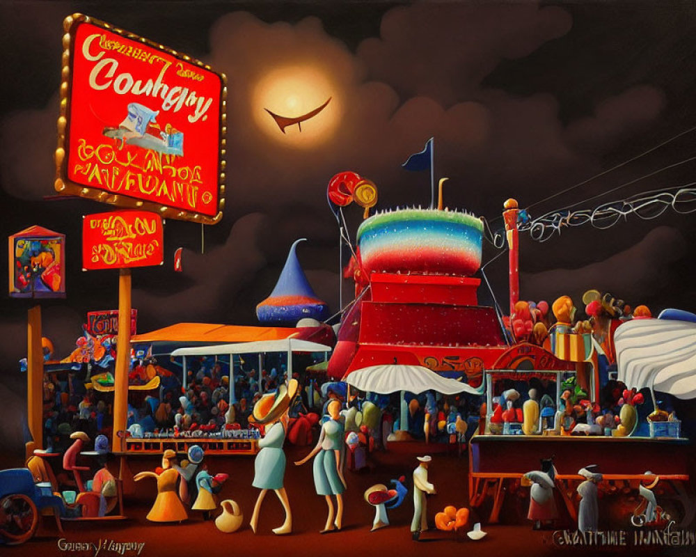 Colorful night carnival with cowboy sign, bustling crowds, and whimsical sky toys.