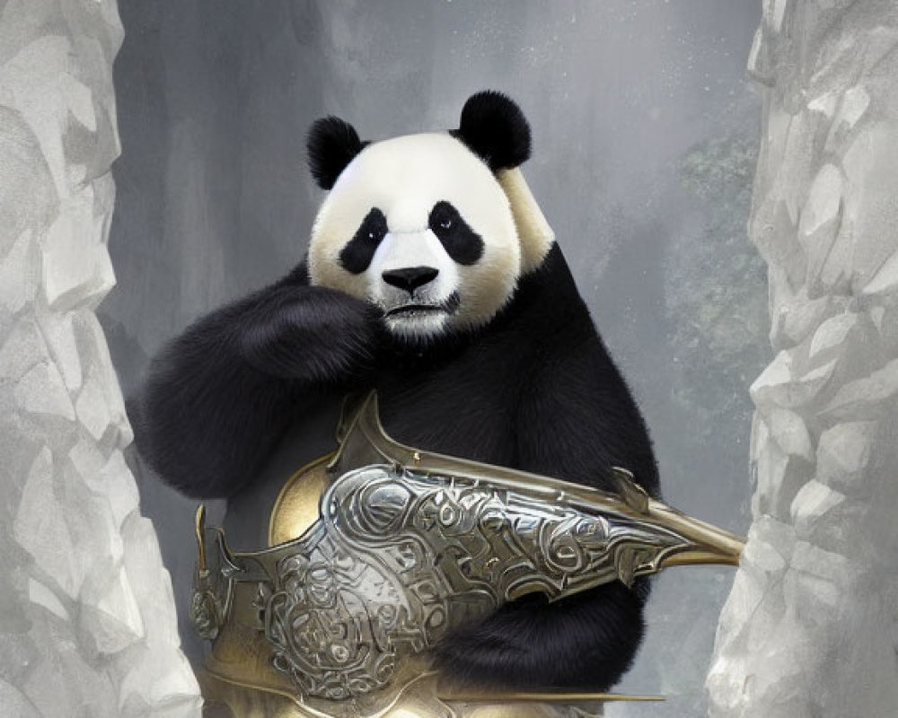 Panda warrior in ornate armor with horn in misty rocky backdrop