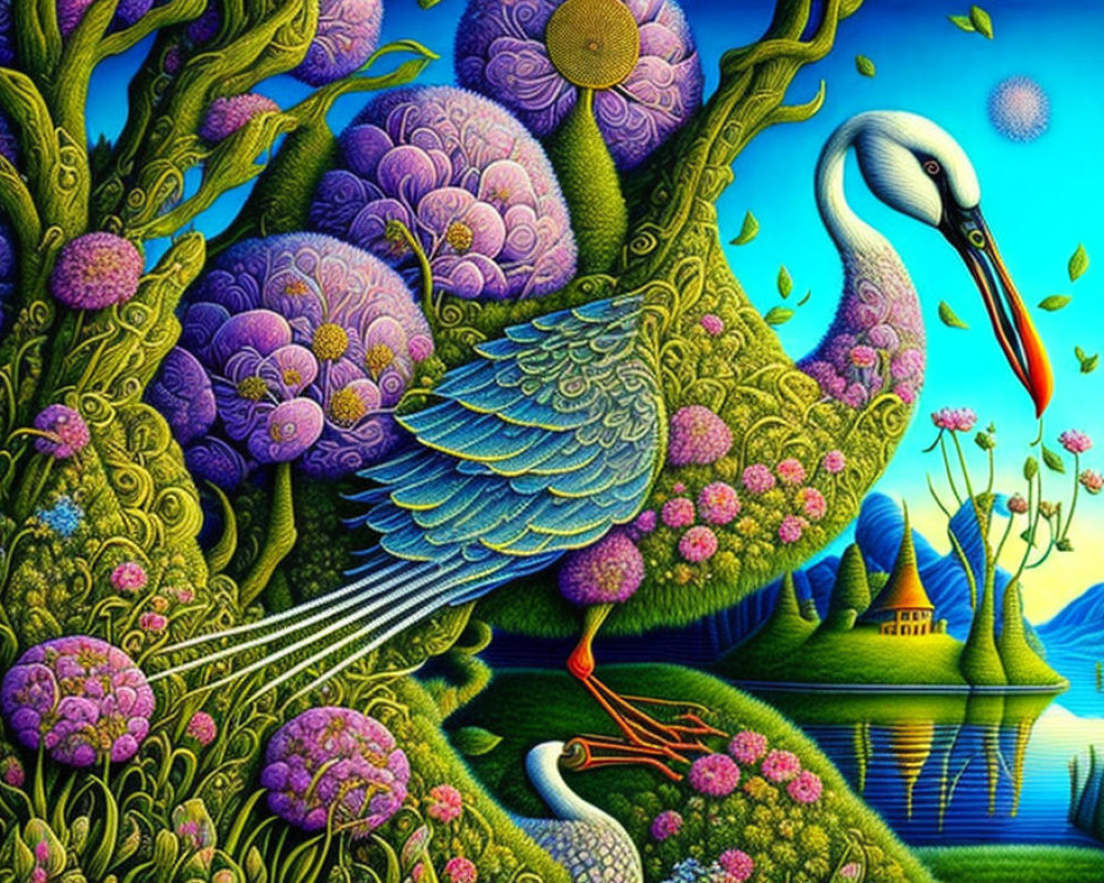 Fantastical stork artwork with lush flora, intricate patterns, and starry sky