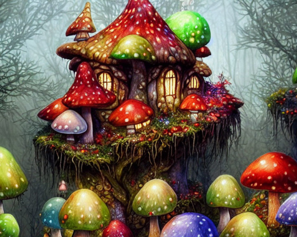 Colorful Mushroom House Surrounded by Oversized Mushrooms in a Mystical Forest