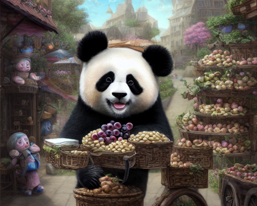 Illustration of giant panda selling fruits in enchanted village