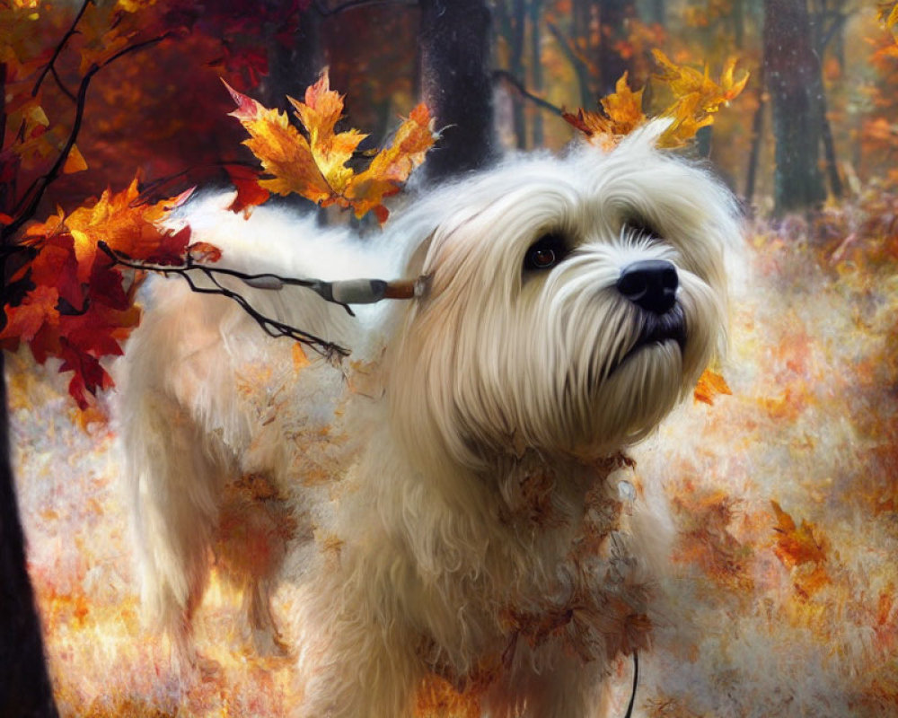 Fluffy white dog in autumn leaves with vibrant foliage