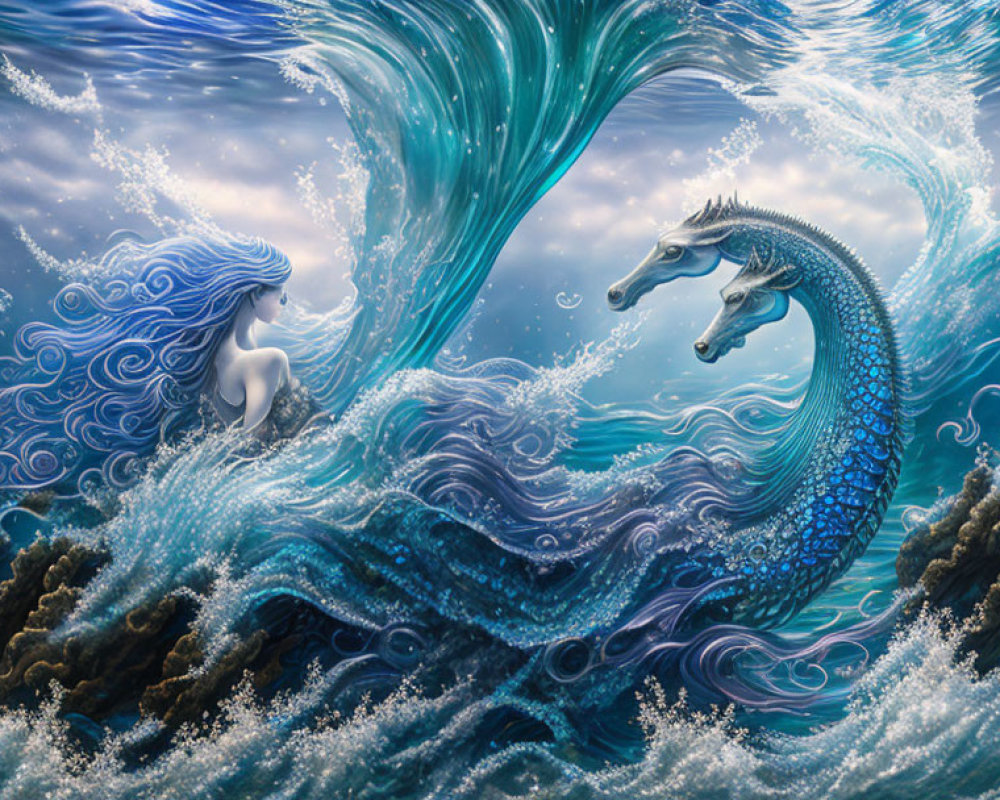 Mystical dragon and figure in ocean waves under cloudy sky