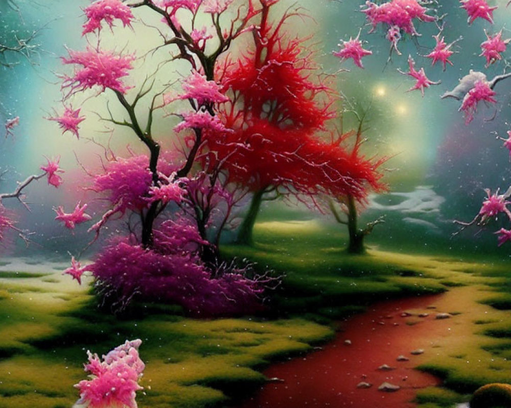 Fantasy landscape with pink and red foliage, green path, small house, and mystical lights in mist