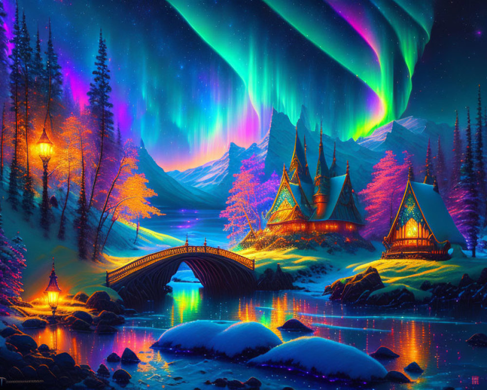 Colorful snowy night landscape with aurora borealis, cabins, bridge, lanterns, and river