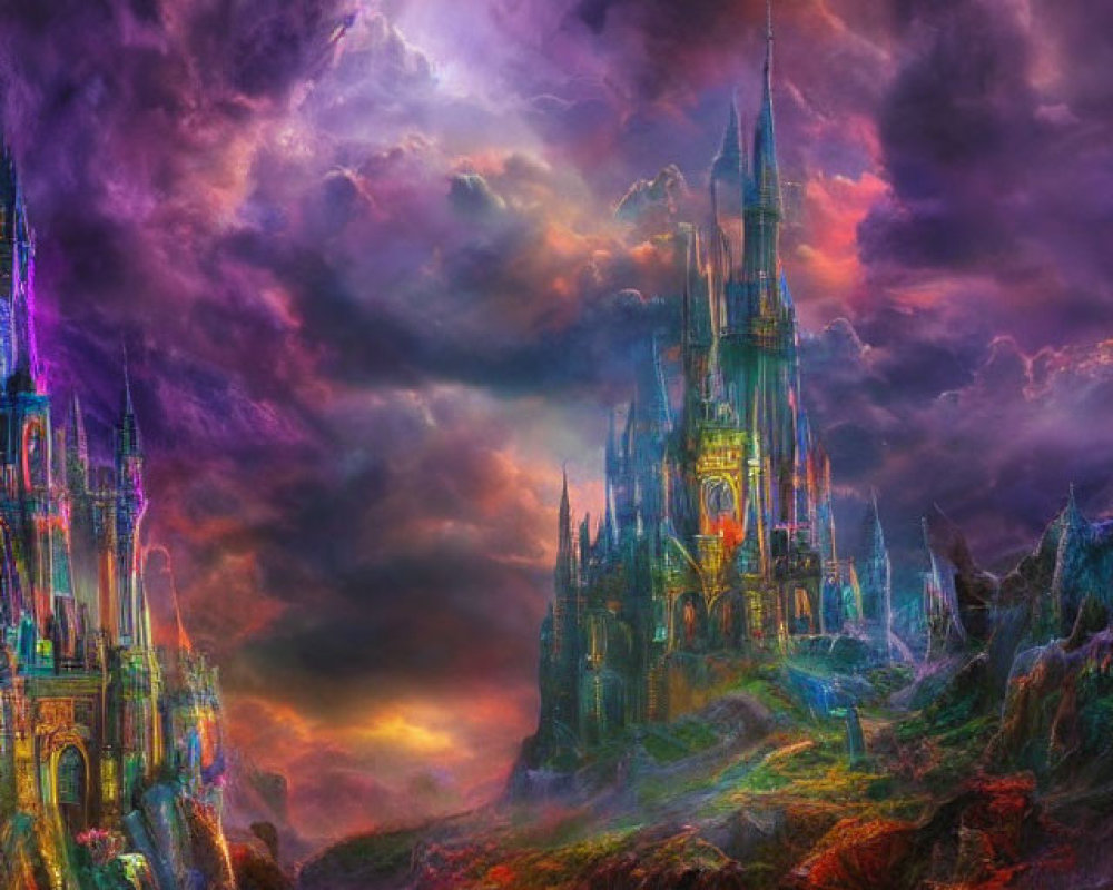 Majestic fantasy castle in surreal colorful landscape