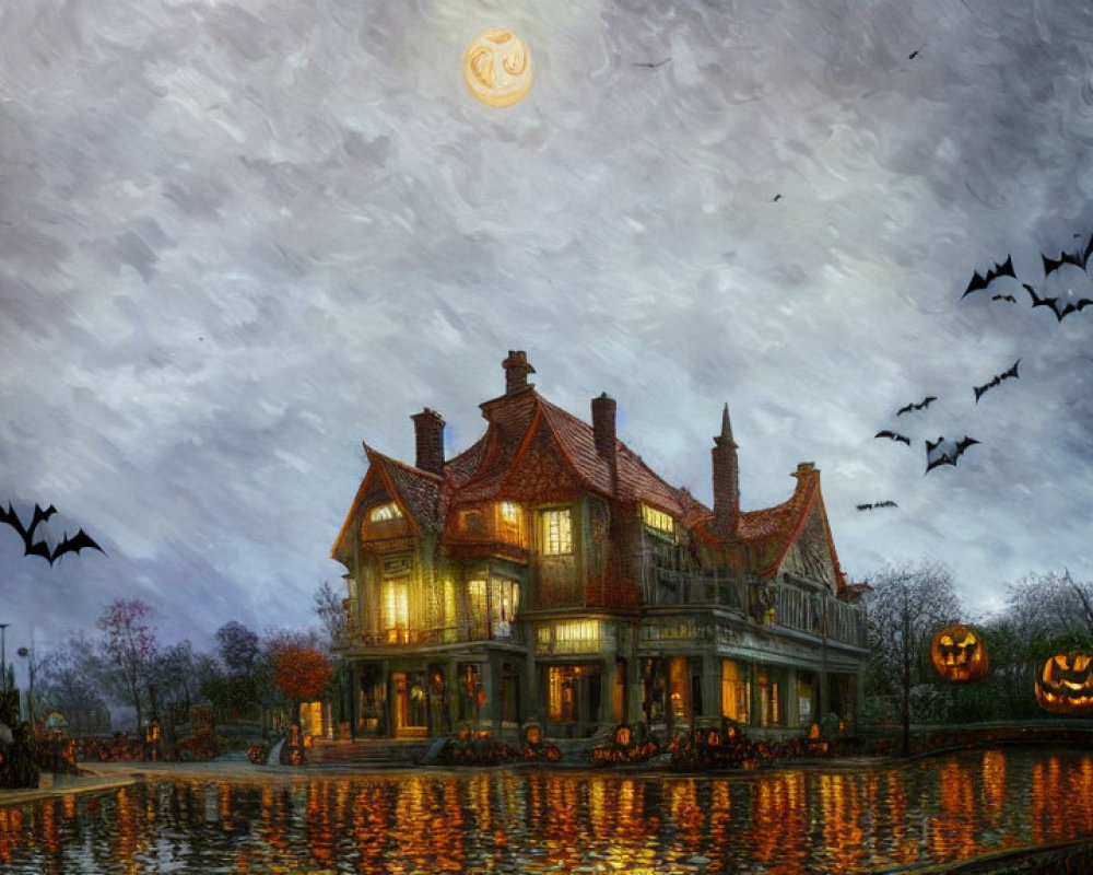 Spooky Halloween illustration: haunted house, glowing pumpkins, bats, full moon