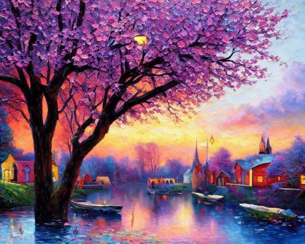 Serene riverside village painting with cherry trees, colorful houses, church, and boats at dusk