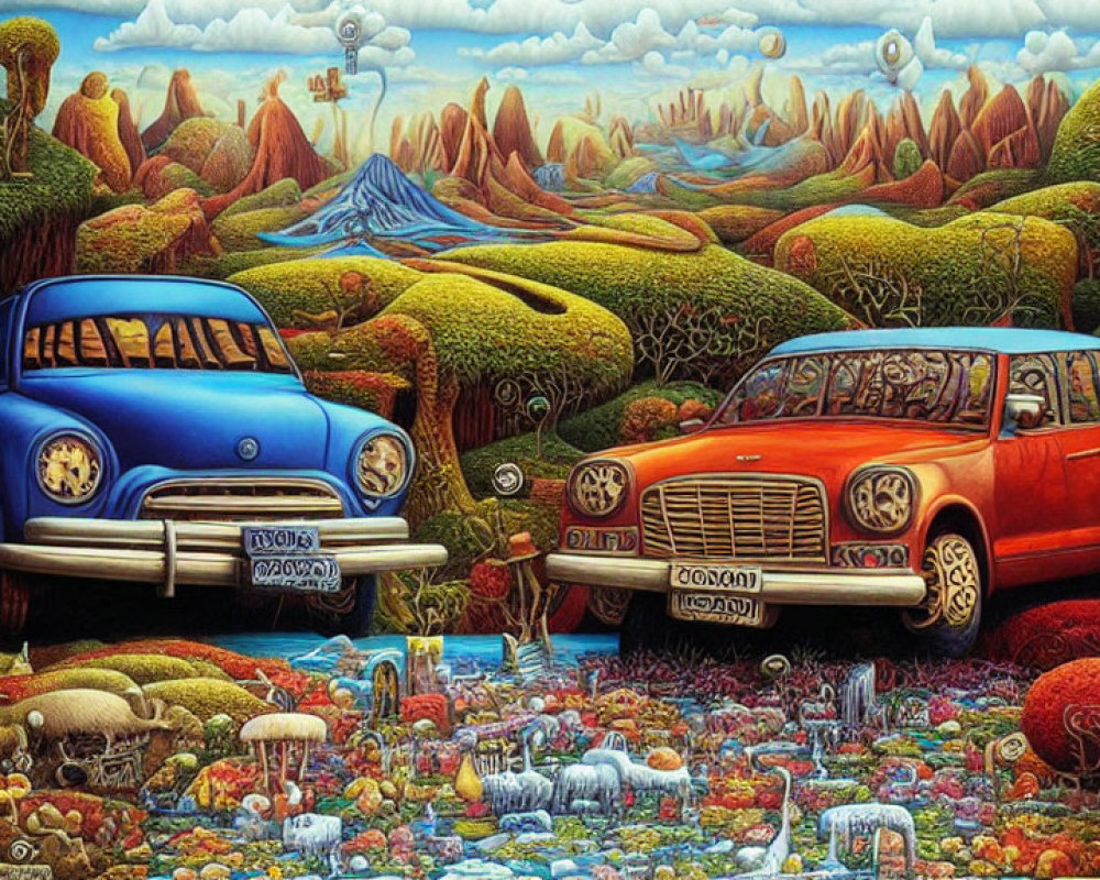 Colorful surreal landscape with classic cars and whimsical flora