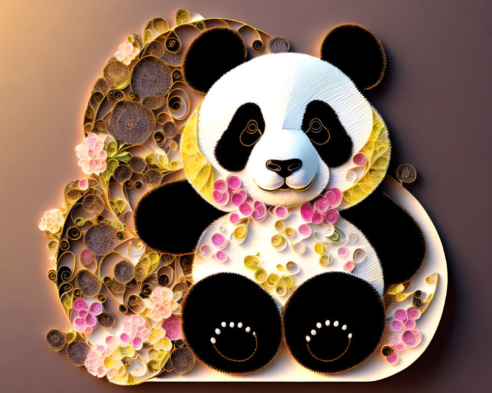 Stylized panda with floral patterns in 3D effect on warm background