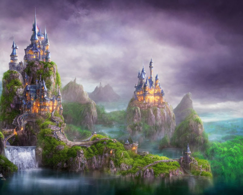 Majestic castles on rocky peaks with bridges and waterfalls in mystical landscape