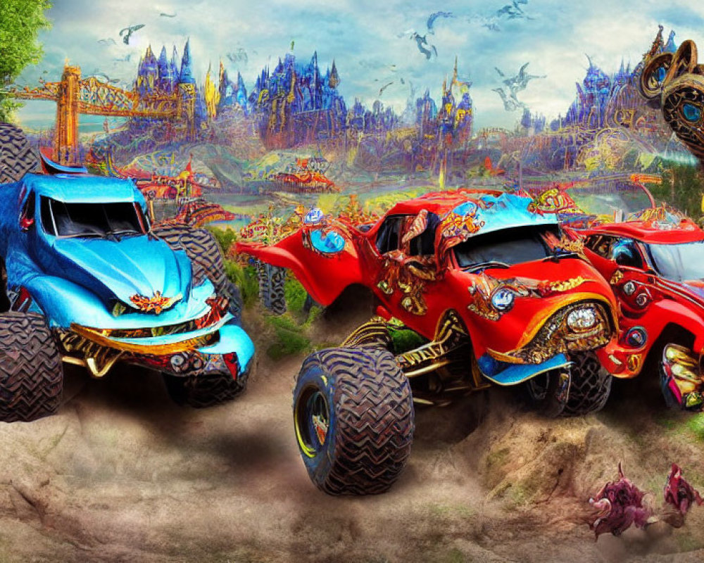 Vibrant monster trucks with elaborate designs at fairy-tale castle