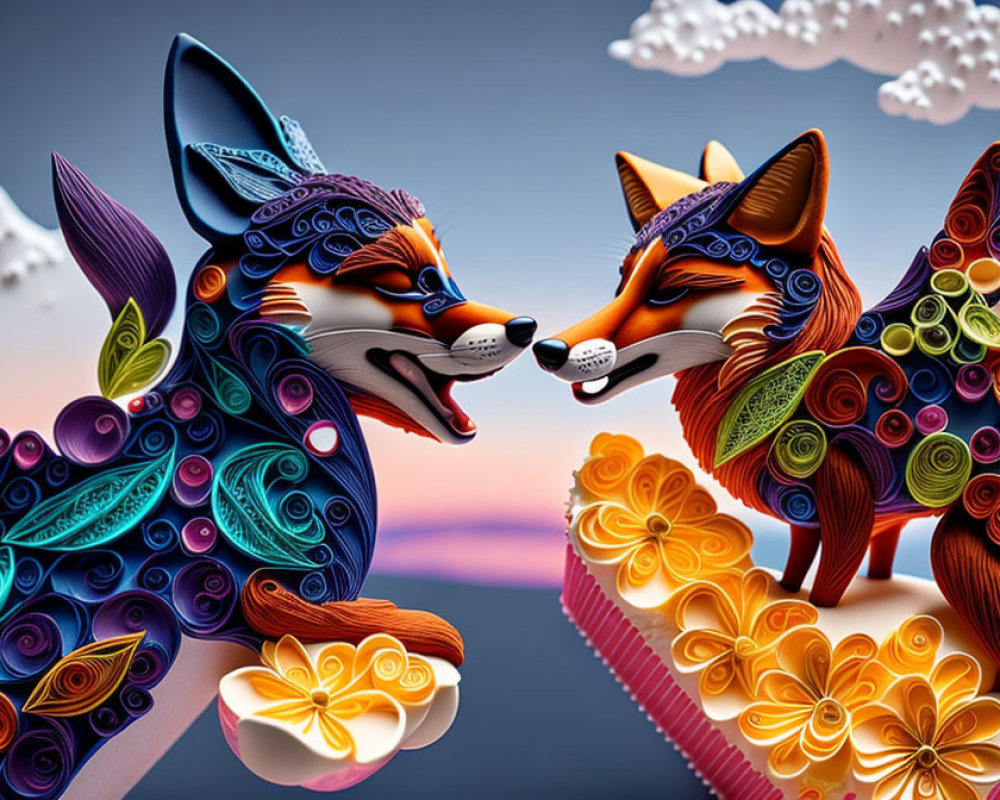 Colorful 3D Illustration of Stylized Foxes in Sunset Scene