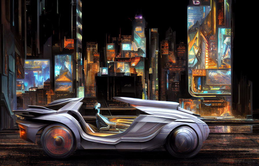 Futuristic night cityscape with neon signs, skyscrapers, and concept car.