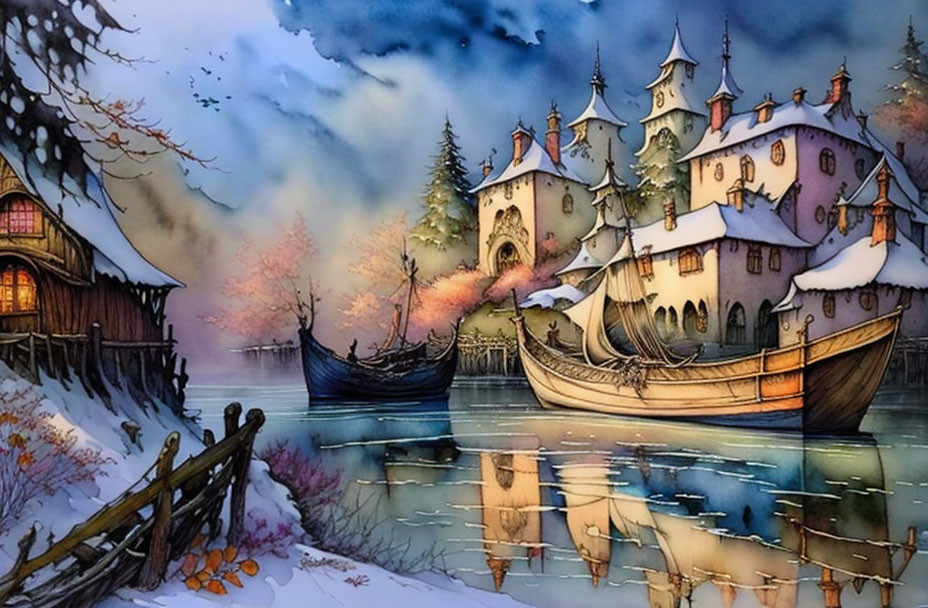 Fantasy castle by lake with autumn trees and boats