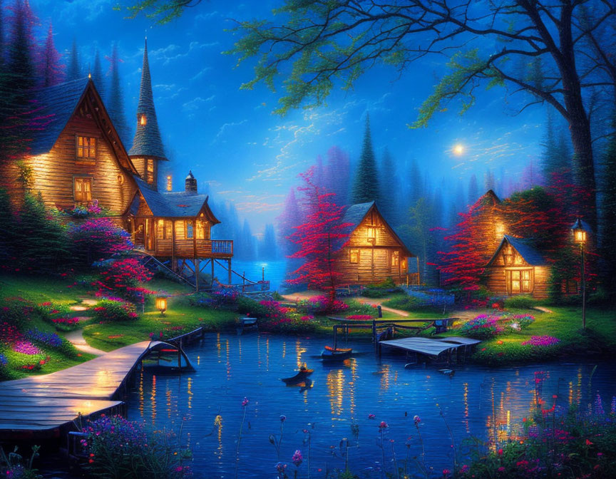 Tranquil lakeside twilight scene with cozy cabins, vibrant flowers, dock, and floating canoe