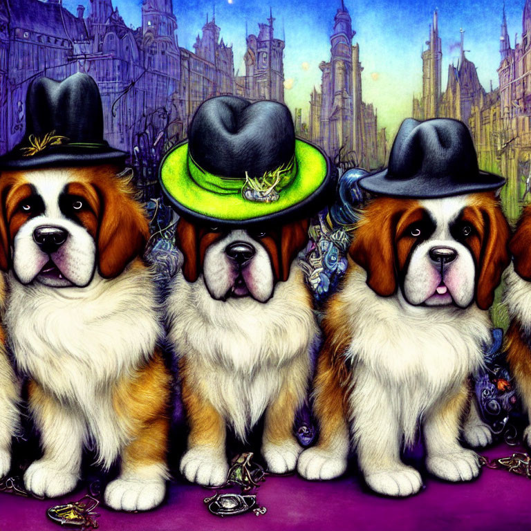 Three Cartoon Saint Bernard Dogs in Outfits and Hats with Cityscape Background