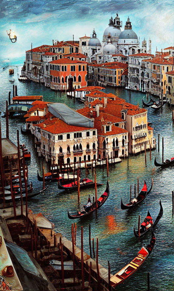 Historic buildings and gondolas on vibrant Venetian canal