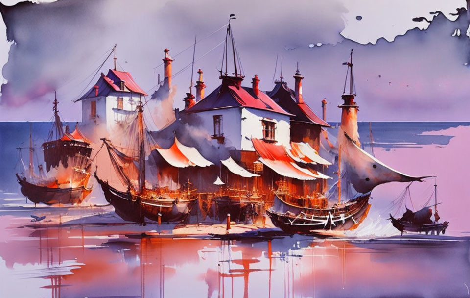 Surreal watercolor painting of sailing ships and house with sails in purple sky