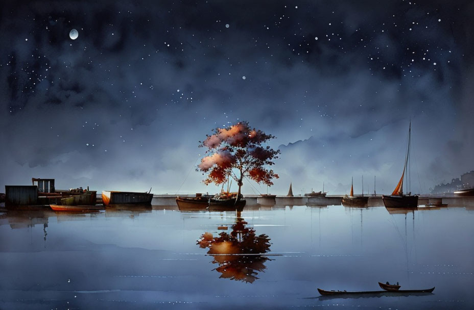 Serene night landscape: lone tree, moon reflection, boats, starlit sky