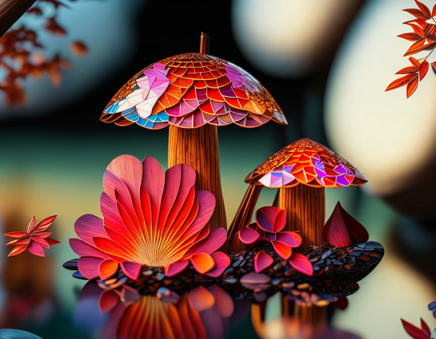 Colorful Mushroom Paper Art Against Floral Background