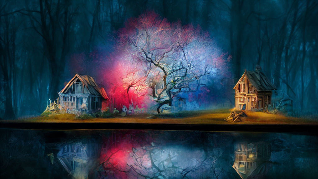 Fairy-tale houses, mystical tree, purple and pink foliage in twilight forest