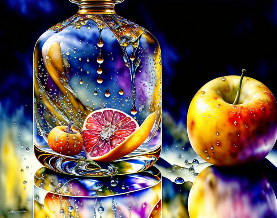 Colorful Still-Life Painting with Glass Jar, Citrus Fruits, Water Droplets, and Apple