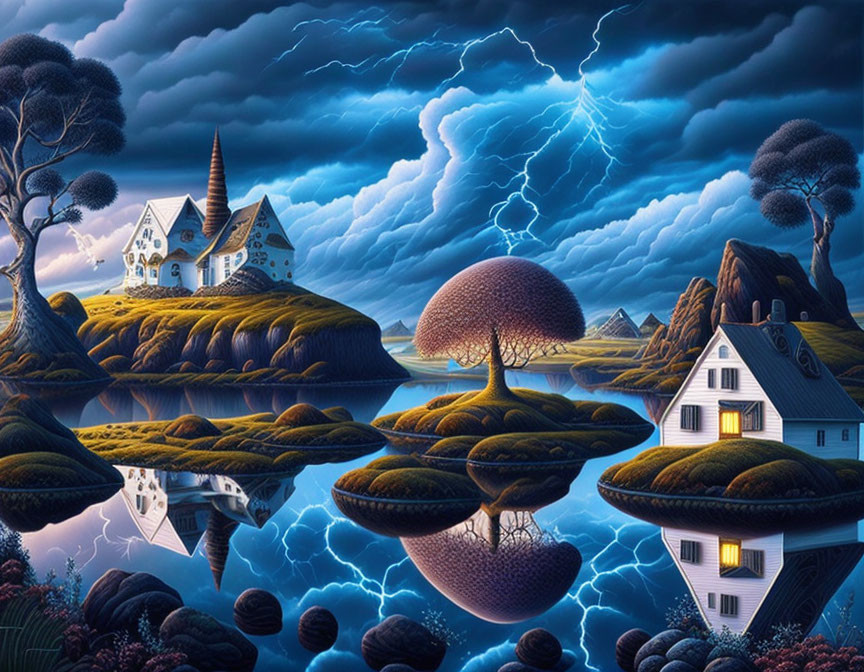 Whimsical fantasy landscape with houses on green islands during thunderstorm