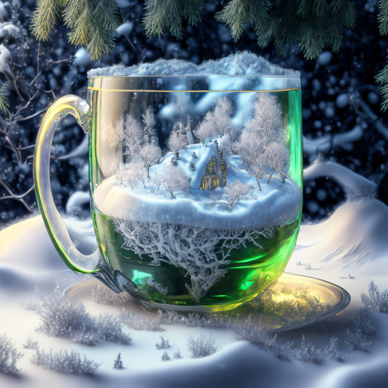 Miniature snow-covered house and trees in transparent teacup winter scene