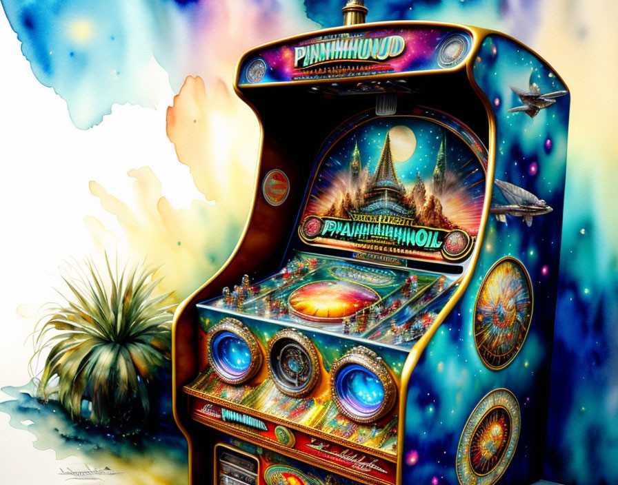 Colorful Retro Arcade Machine with Cosmic and Pinball Themes